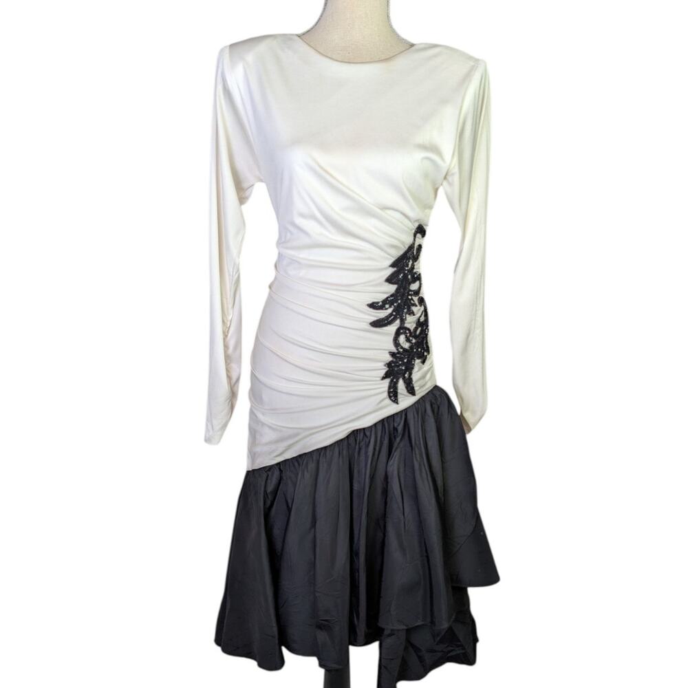 Vintage 80s Prom Dress Black White Sequin Drop Waist Party